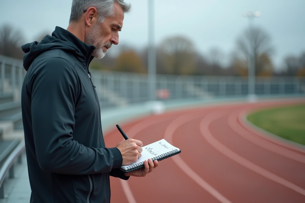Coureur amateur corrigeant des erreurs de calcul d'allure en min/km dans un carnet sur une piste d'athlétisme