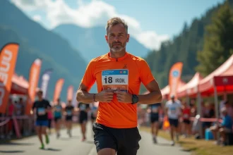 Coureur athlétique en plein effort devant tente d'inscription