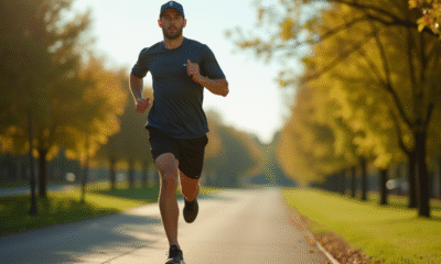 Homme coureur en mouvement dans un parc ensoleille avec tenue moderne