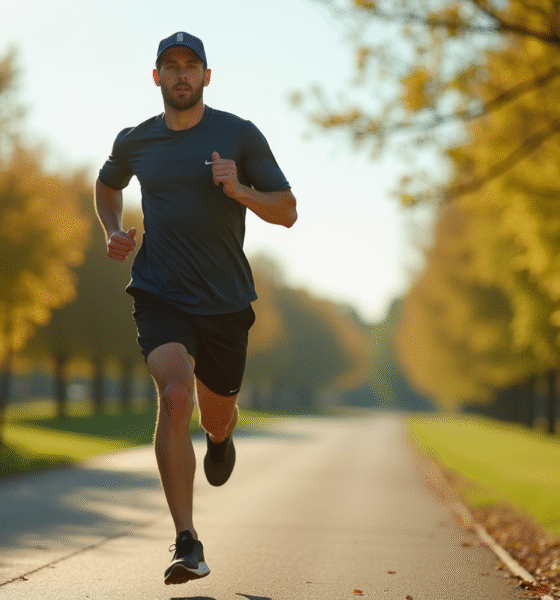 Homme coureur en mouvement dans un parc ensoleille avec tenue moderne