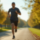 Homme coureur en mouvement dans un parc ensoleille avec tenue moderne
