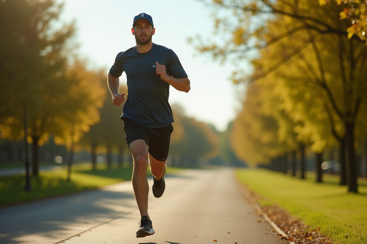 Homme coureur en mouvement dans un parc ensoleille avec tenue moderne