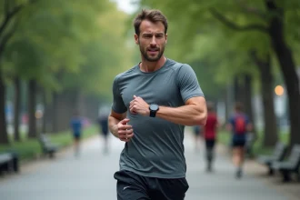 Coureur masculin en train de vérifier son allure en min/km sur sa montre GPS pendant un jogging en ville
