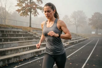 Coureuse consultant sa montre GPS pour ajuster son allure d'entraînement sur une piste d'athlétisme