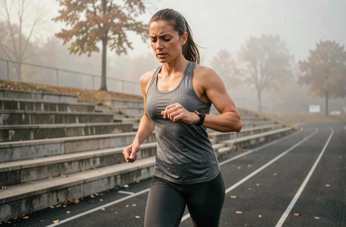 Coureuse consultant sa montre GPS pour ajuster son allure d'entraînement sur une piste d'athlétisme