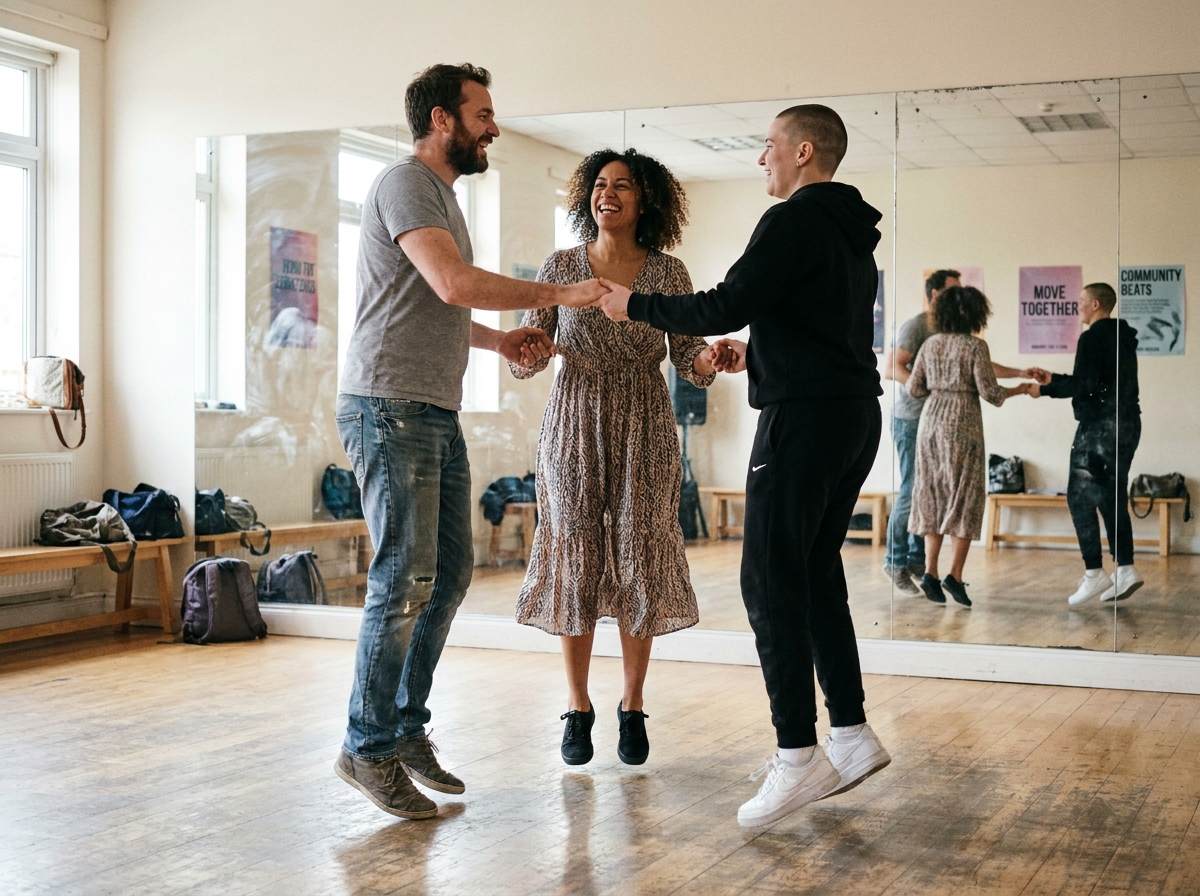 Groupe d'adultes débutants qui dansent ensemble dans un cours de danse décontracté pour se détendre après le travail