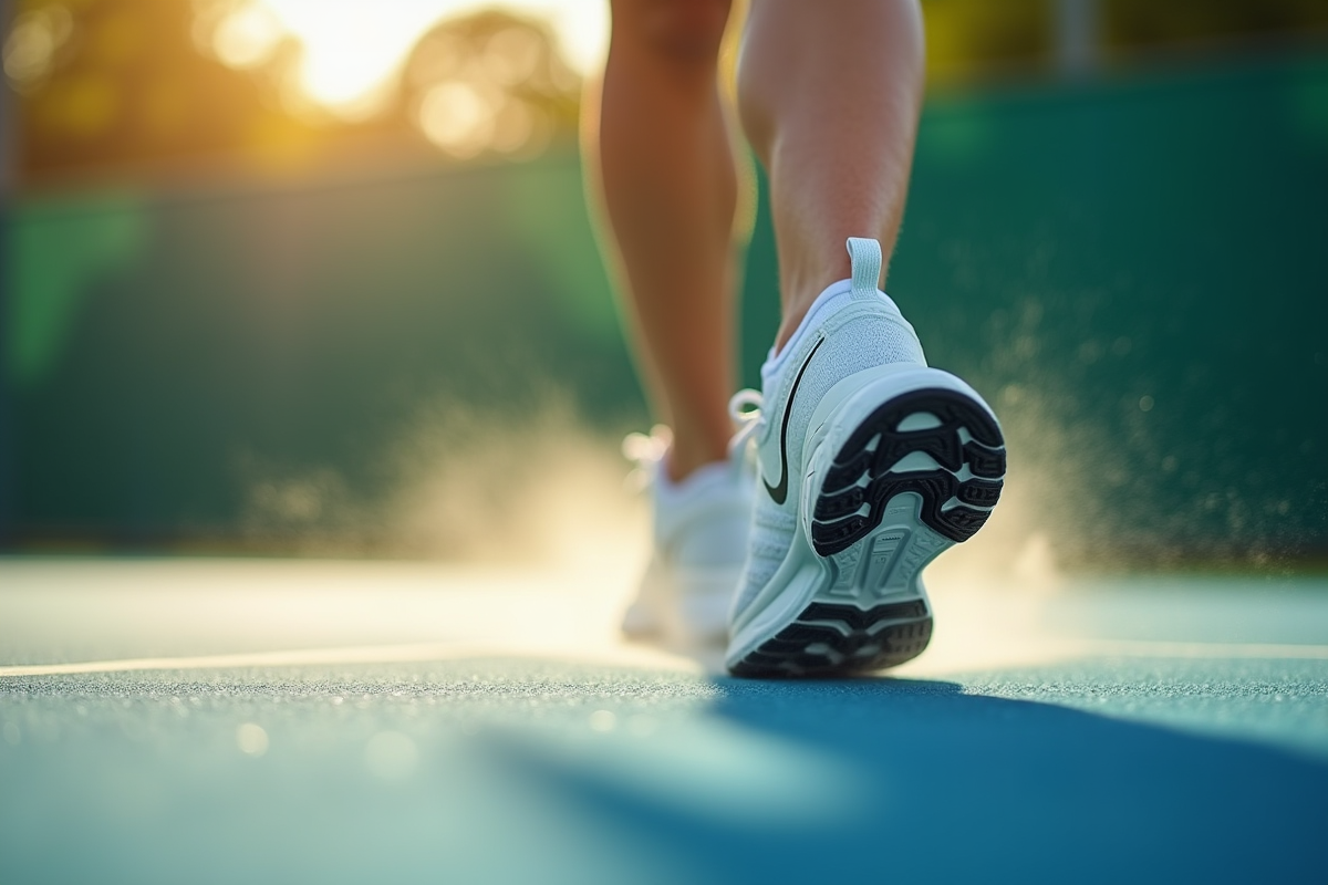 Course en action avec chaussures de course sur court de tennis