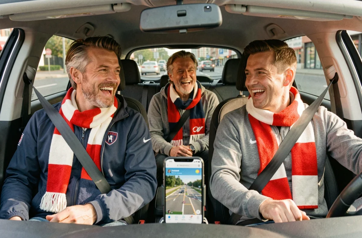 Trois supporters en covoiturage dans une voiture compacte se rendant au Stade Pierre Mauroy pour un match