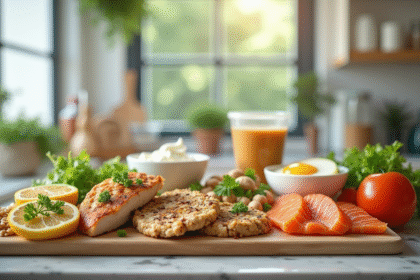 Plan de cuisine moderne avec aliments riches en proteines