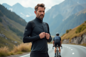 Homme cycliste ajustant son gilet technique en montagne