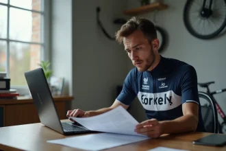 Jeune cycliste professionnel stagiaire examinant son contrat salarial dans un appartement modeste