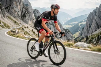 Cycliste professionnel portant le maillot Van Rysel RCR Pro en descente sur un col de montagne