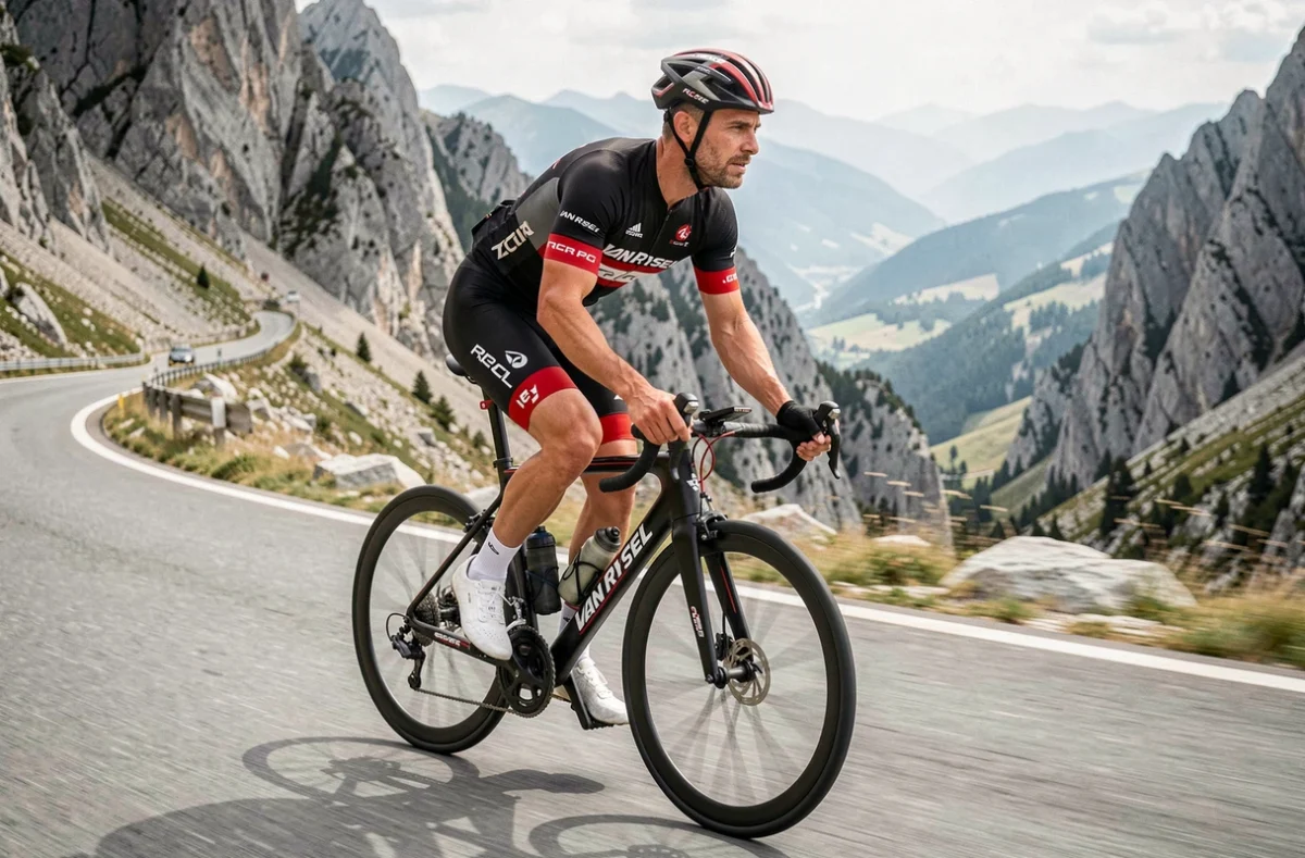 Cycliste professionnel portant le maillot Van Rysel RCR Pro en descente sur un col de montagne
