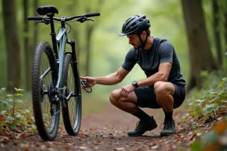 Homme vtt vérifiant la pression d'un pneu tubeless en forêt