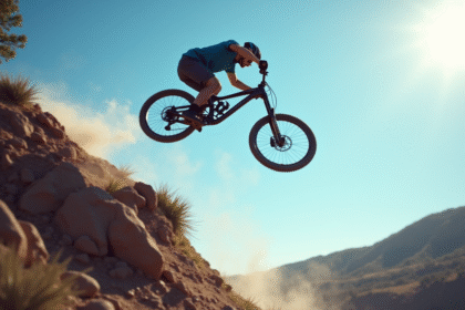 VTT en descente sur un rocher en plein saut dans le ciel bleu