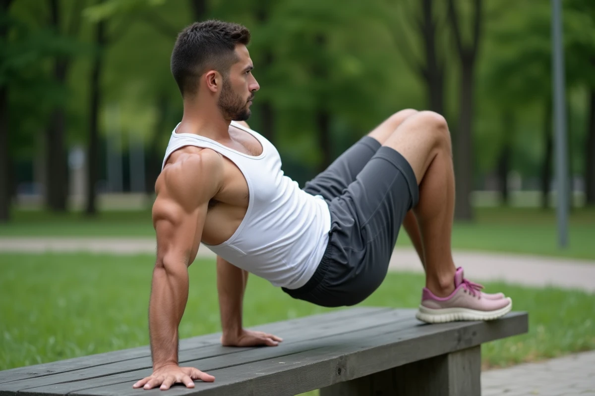 Homme musclé réalisant un dragon flag sur un banc de parc, exercice de callisthénie avancé pour des abdominaux visibles