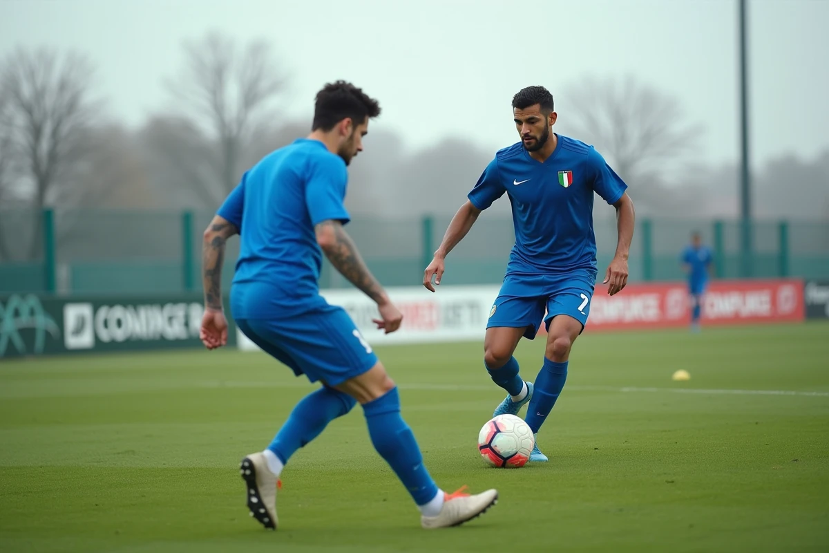 Duel défensif entre deux joueurs italiens lors d'un match d'entraînement illustrant les forces et faiblesses défensives