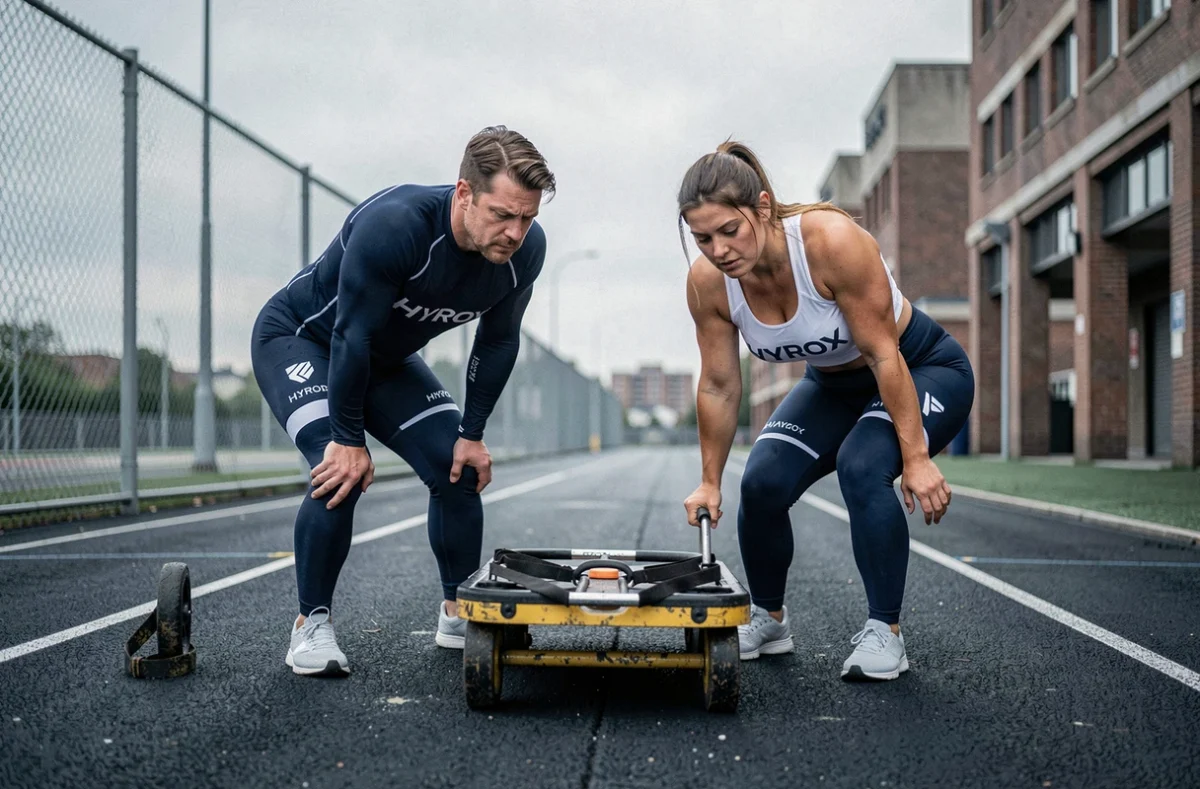 Deux athlètes récupérant après une série de sled push sur une piste extérieure, routine cardio Hyrox de 20 minutes en binôme