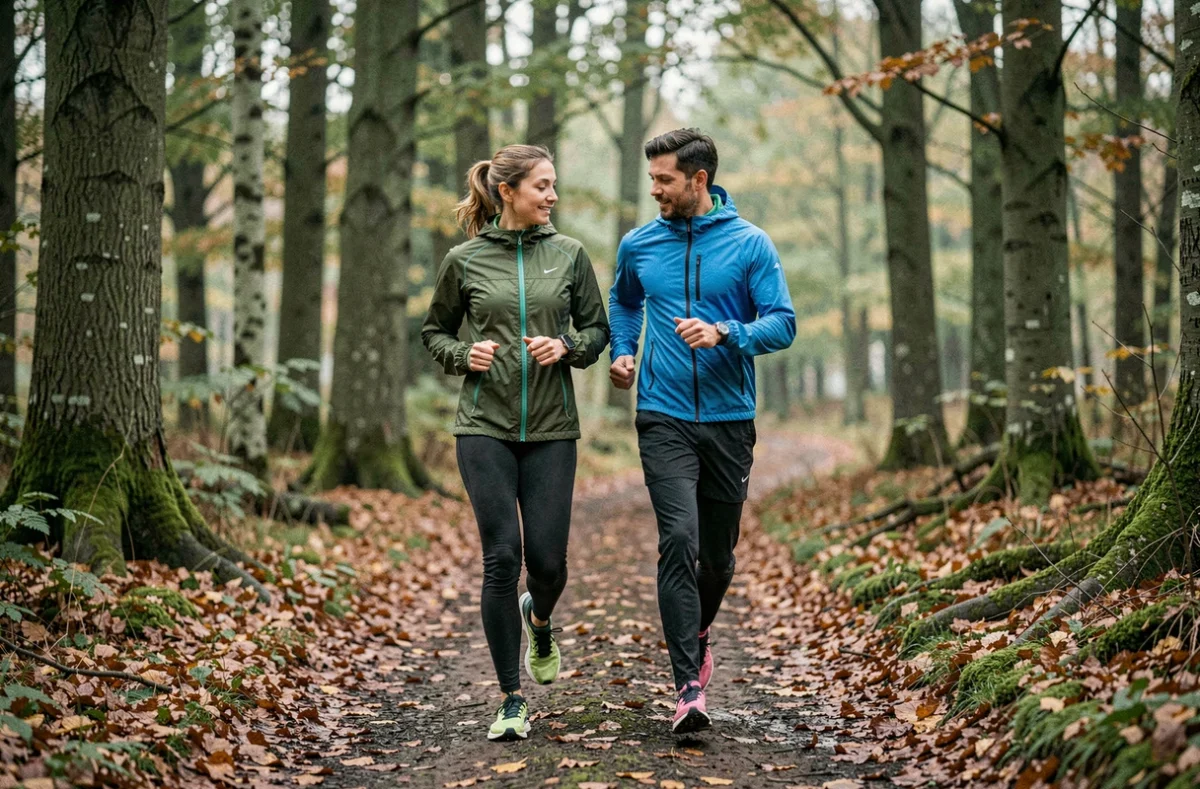 Deux coureurs sur sentier forestier analysant leur allure kilomètre heure ensemble pendant l'entraînement