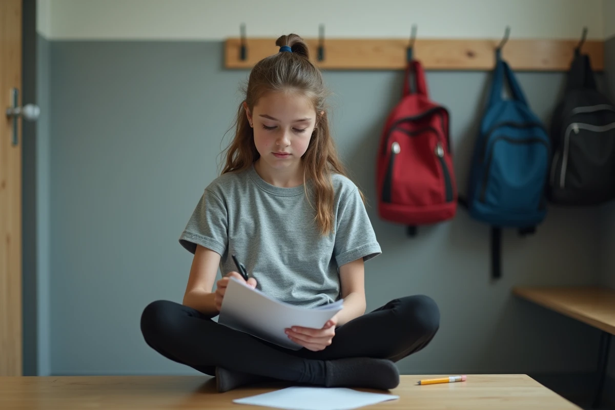 Adolescente notant ses observations dans un cahier d'évaluation EPS dans un vestiaire scolaire