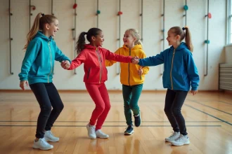 Groupe de lycéens en EPS pratiquant un exercice coopératif d'équilibre dans un gymnase scolaire