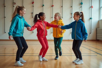 Groupe de lycéens en EPS pratiquant un exercice coopératif d'équilibre dans un gymnase scolaire