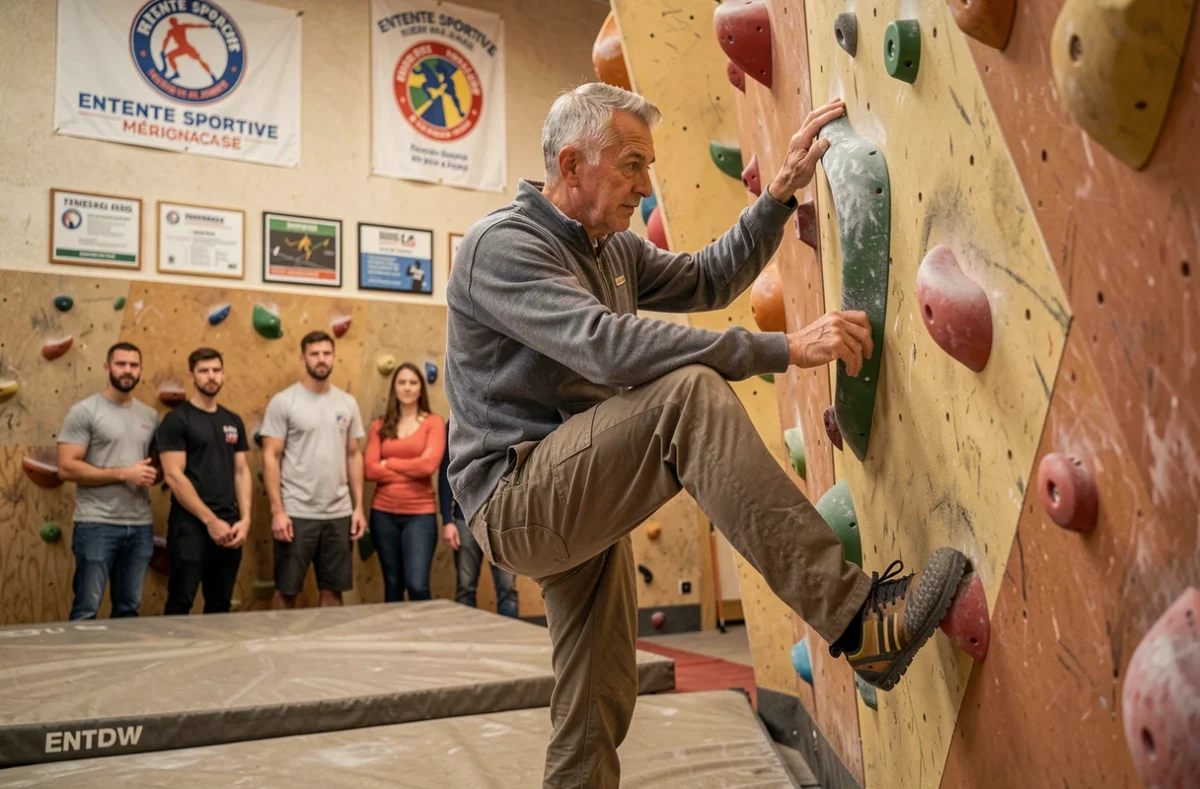 Moniteur démontrant une technique de pied à l'Entente Sportive Mérignacaise ESM Escalade