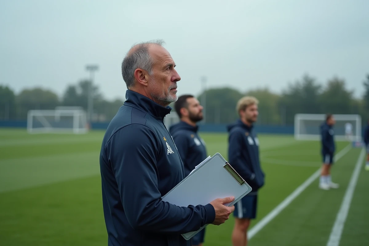 Entraîneur de l'équipe nationale argentine en veste de coaching observant l'entraînement avec un clipboard sur le bord du terrain