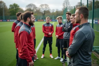 Entraineurs et jeunes joueurs de football en discussion