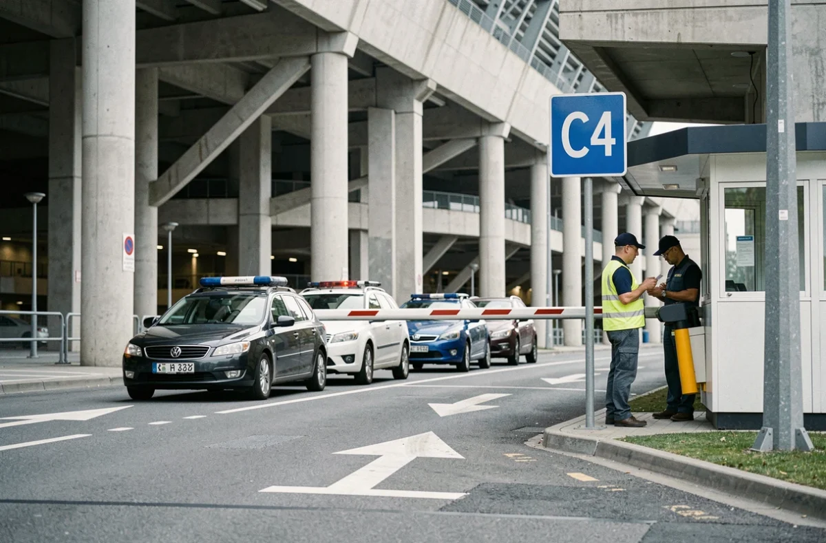Entrée du parking C4 du Stade Pierre Mauroy avec barrière, panneau directionnel et voitures en file d'attente