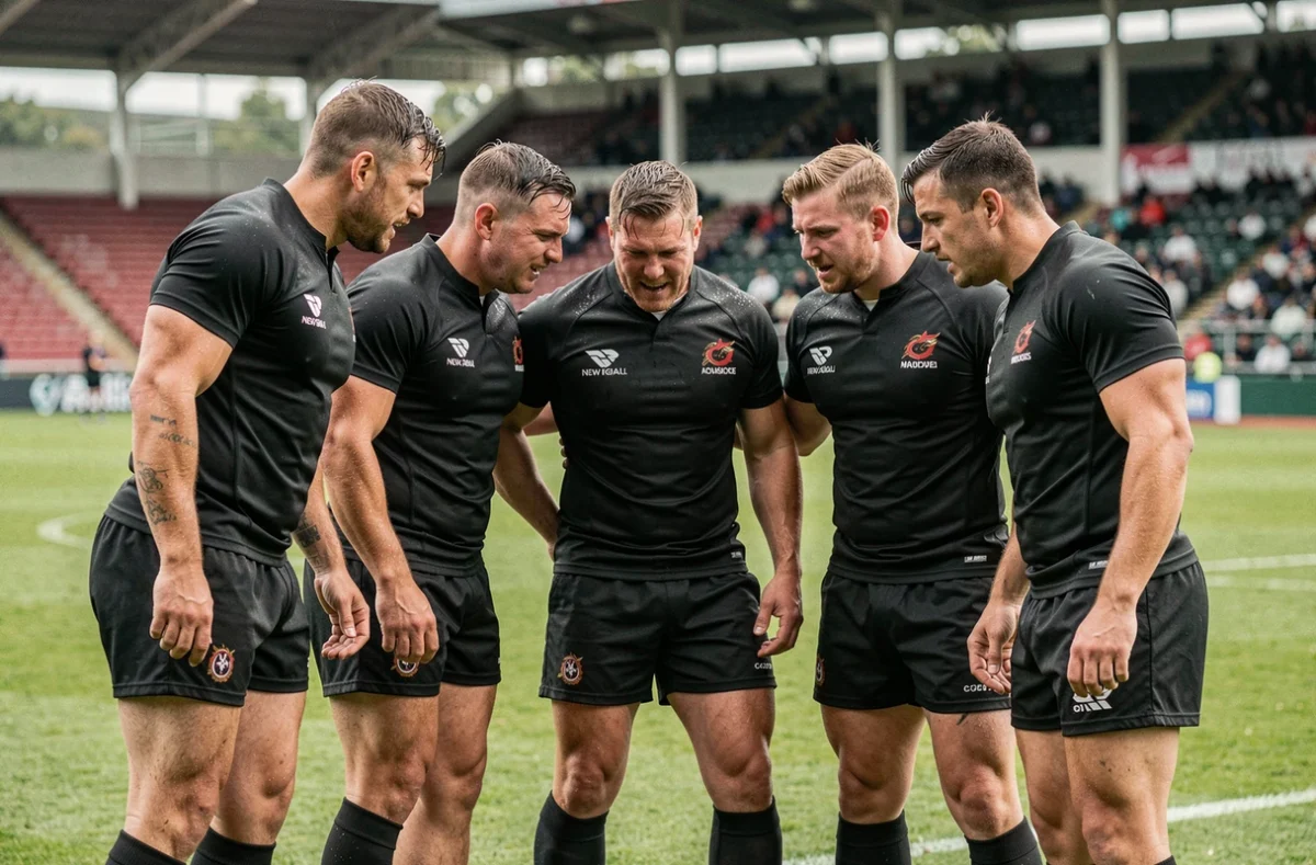 Groupe de joueurs des All Blacks en entraînement sur le terrain avec un stade en arrière-plan