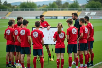 Jeunes et adultes en football lors d'une séance tactique