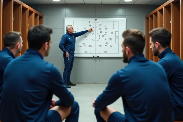 Entraîneur de football italien analysant les positions et tactiques devant ses joueurs dans un vestiaire moderne