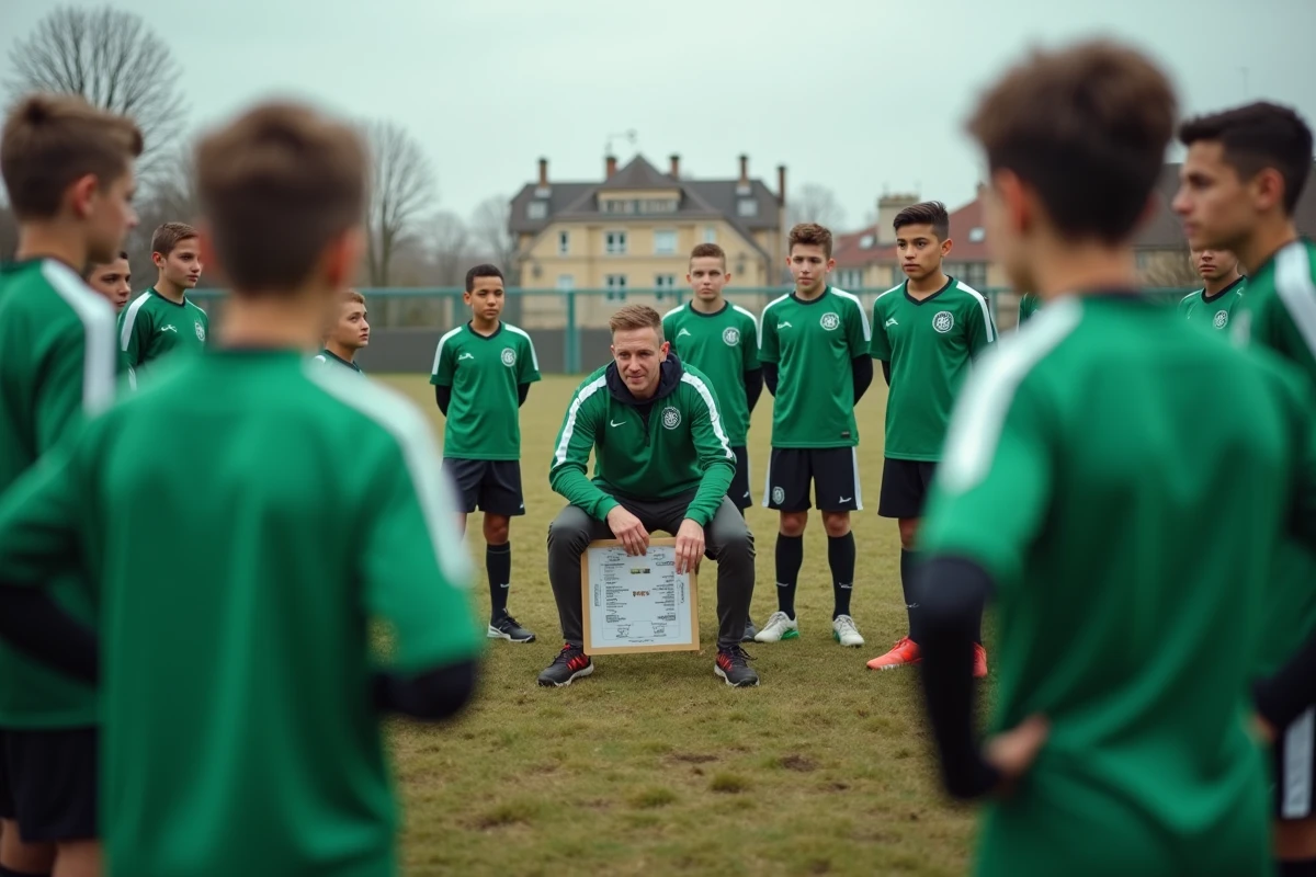 Équipe de jeunes footballeurs de l'Essonne réunis autour de leur entraîneur lors d'un entraînement de compétition départementale