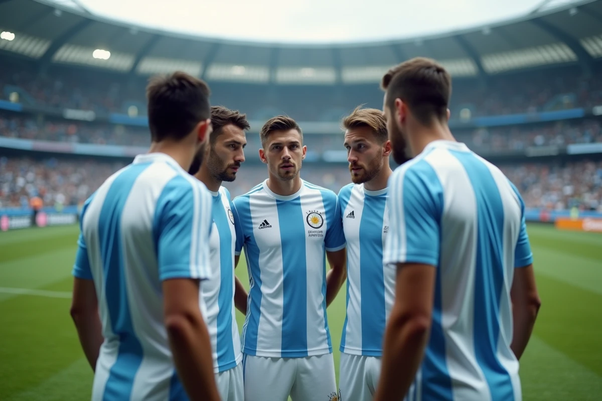 Jeunes joueurs de l'équipe nationale argentine en maillot albiceleste réunis en cercle sur le terrain lors d'une discussion tactique