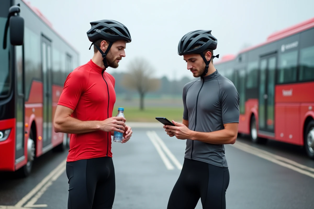 Deux jeunes coureurs cyclistes espoirs discutant près d'un bus d'équipe lors d'une course régionale