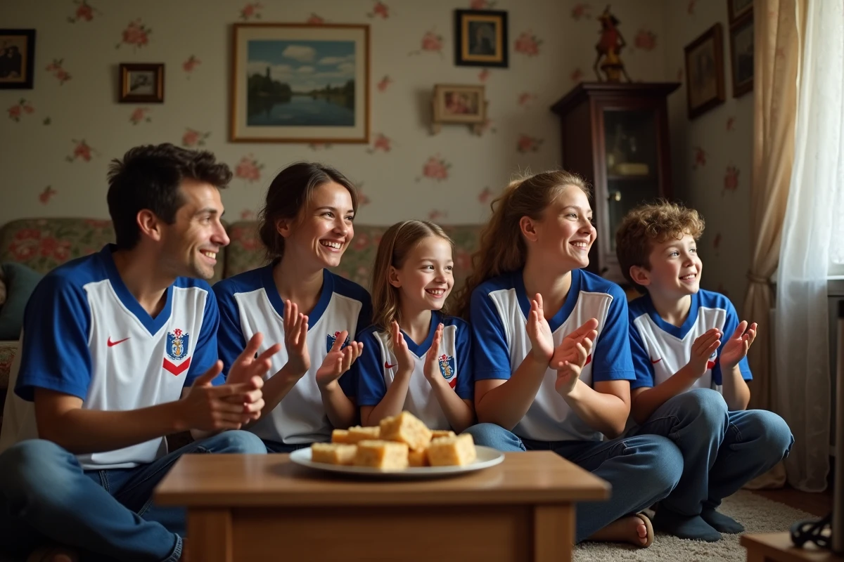 Famille regardant la télé avec maillots de 1998 dans un salon chaleureux