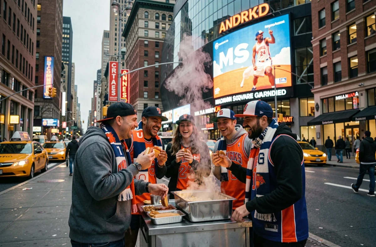 Groupe de fans des Knicks se retrouvant devant Madison Square Garden à New York avant un match de basket NBA