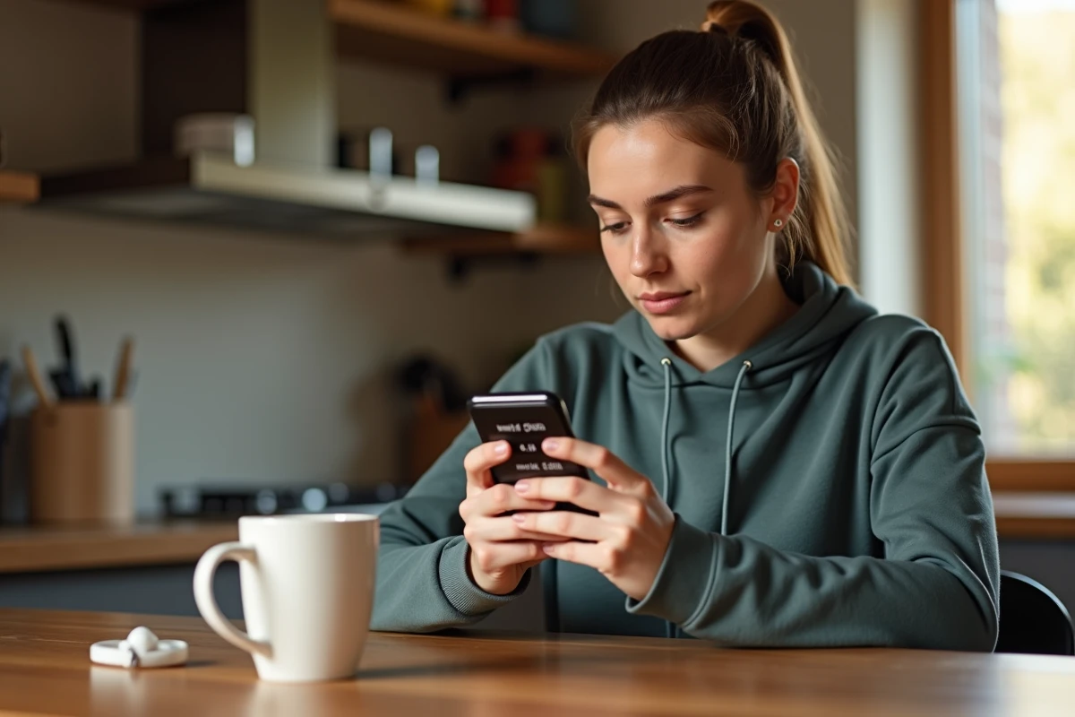 Femme consultant une application de conversion km/h en min/km sur son smartphone à la maison après une séance de course