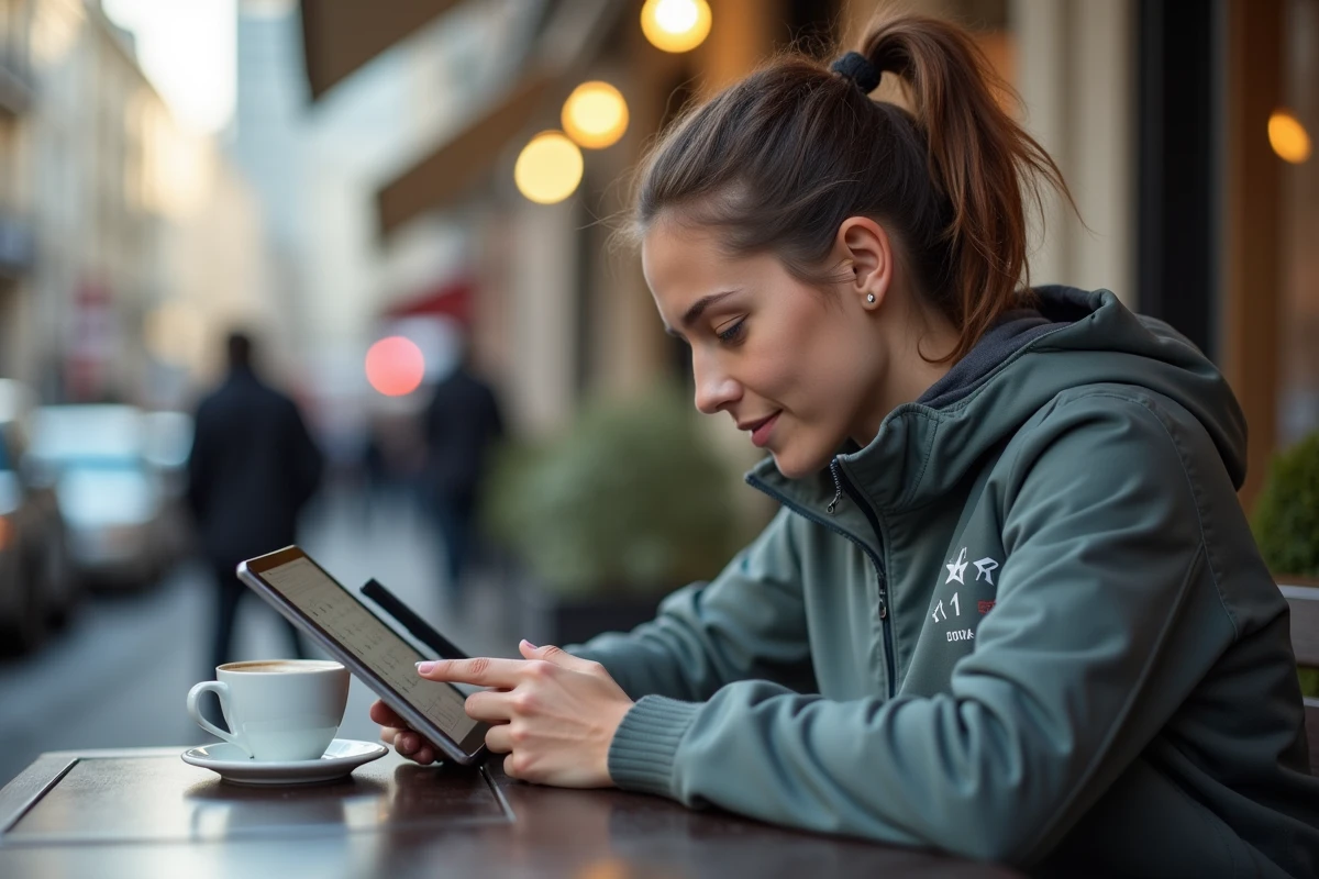 Jeune femme vérifiant dates de match sur une tablette en extérieur