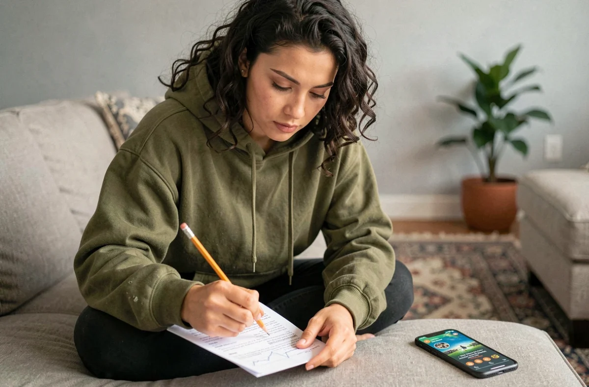 Jeune femme concentrée remplissant une feuille de réponses au jeu Petit Bac avec un crayon, assise sur un canapé dans un salon moderne