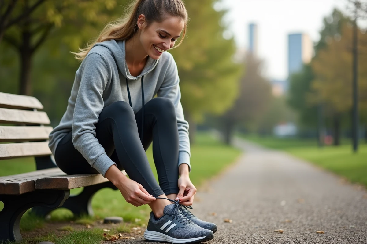 Femme assise sur un banc dans un parc en train de lacer ses chaussures de course
