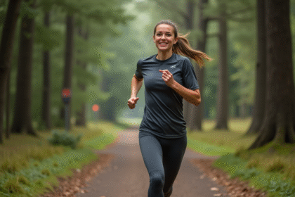 Femme courant en forêt avec vêtements techniques