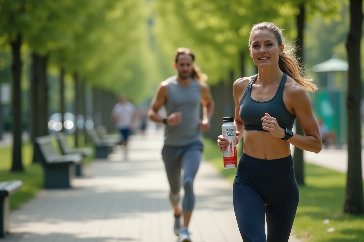 Femme courant dans un parc urbain avec gel et bouteille d