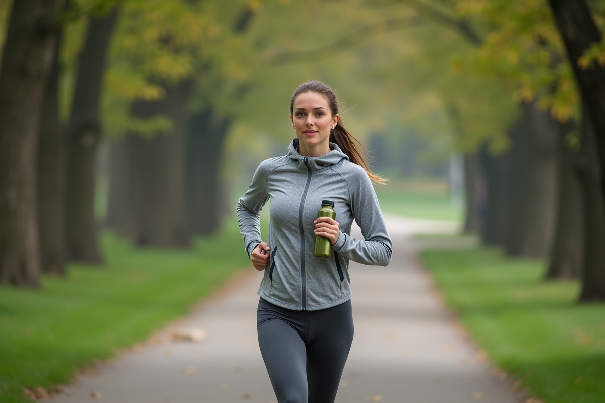 Femme en course dans un parc en train de boire