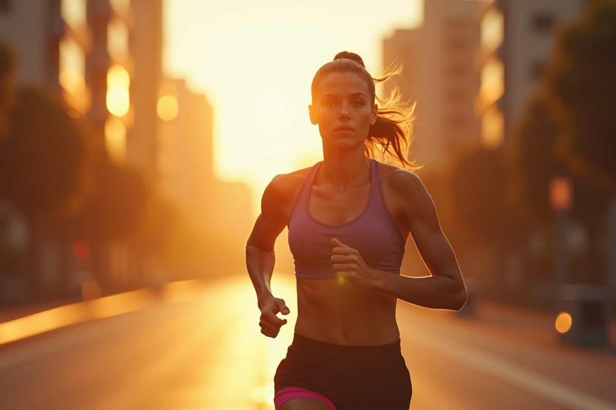 Femme joggeuse sur une rue urbaine au lever du soleil