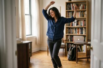Femme qui danse seule chez elle après le travail pour décompresser, pieds nus dans son salon