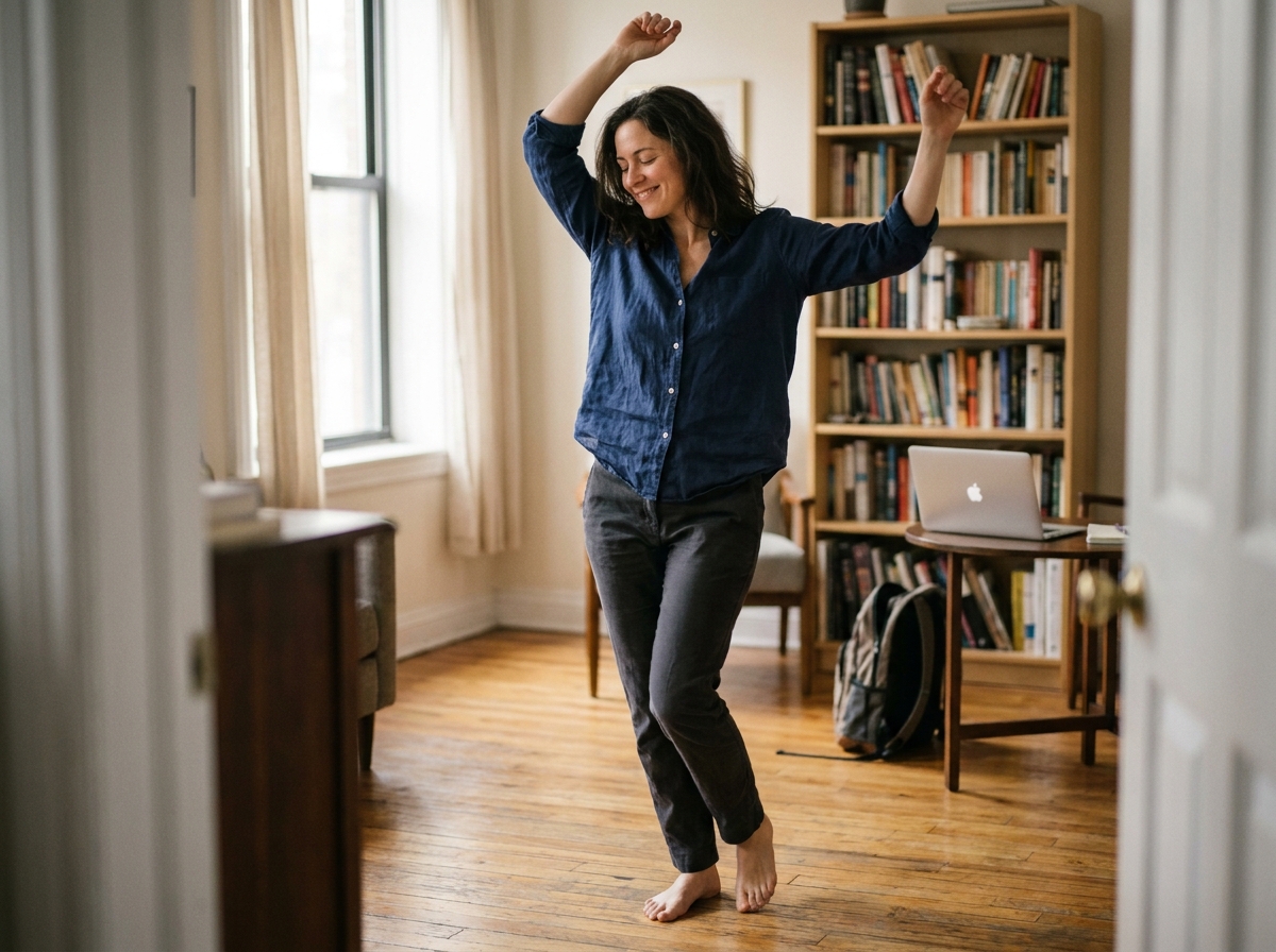 Femme qui danse seule chez elle après le travail pour décompresser, pieds nus dans son salon