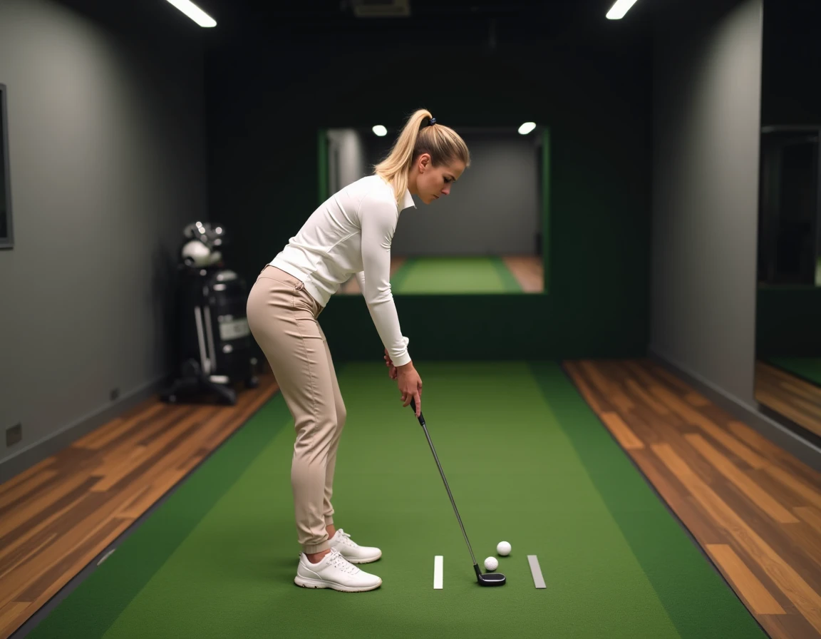 Femme pratiquant le putting sur tapis d'entraînement intérieur avec posture illustrant les yips de golf