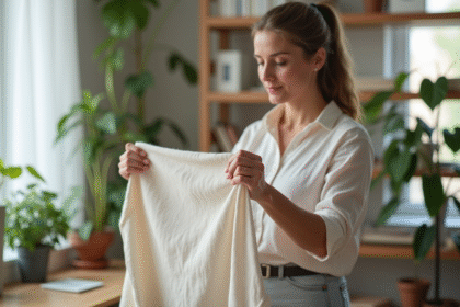 Femme examinant un tissu respirant dans un bureau lumineux